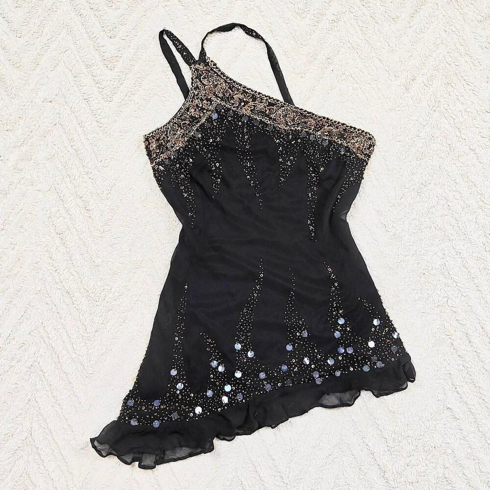 Y2K Black Silk Beaded Sequin Fairygoth Cami